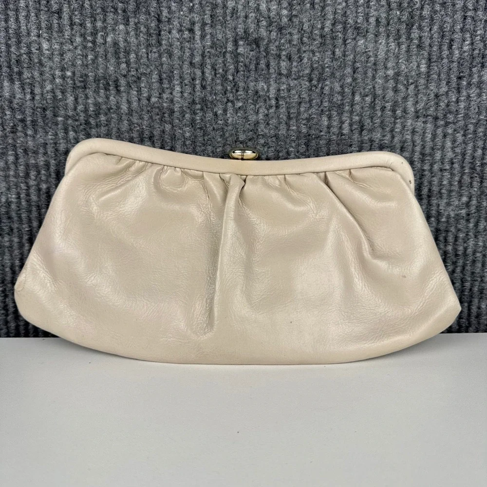 Vintage Cream Slouchy Frame Clutch Bag Evening‎ Pouch Off-White Silver B72Q
